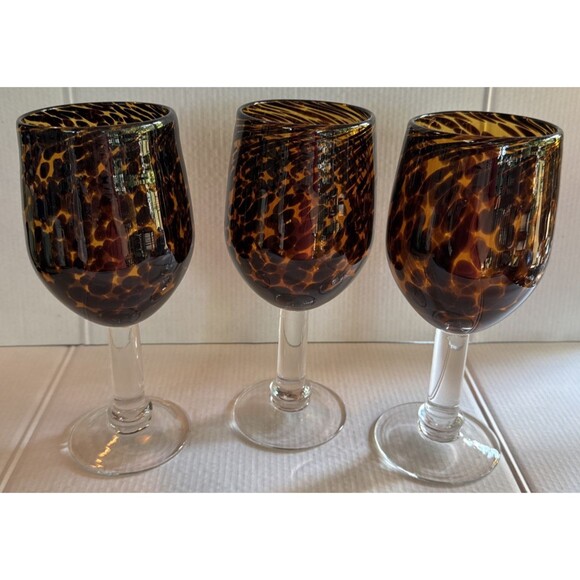 Tortoise Shell Water/Wine Glasses Hand Blown Set of 3 Amber Leopard Heavy 8.75” - Picture 1 of 5